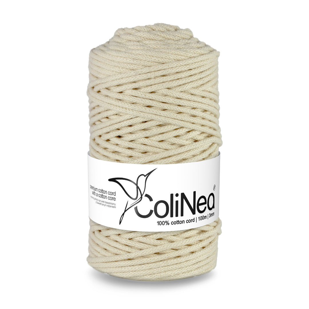 ColiNea, bavlněná šňůra s bavlněným jádrem, opletená, 3 mm, 100 m, slonová kost