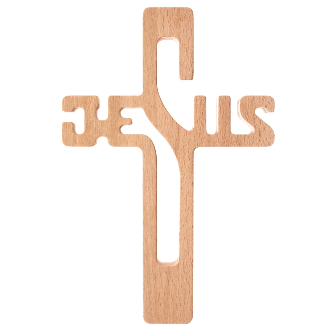 Dřevěný závěsný kříž s nápisem JESUS přírodní 22x14x1,6cm
