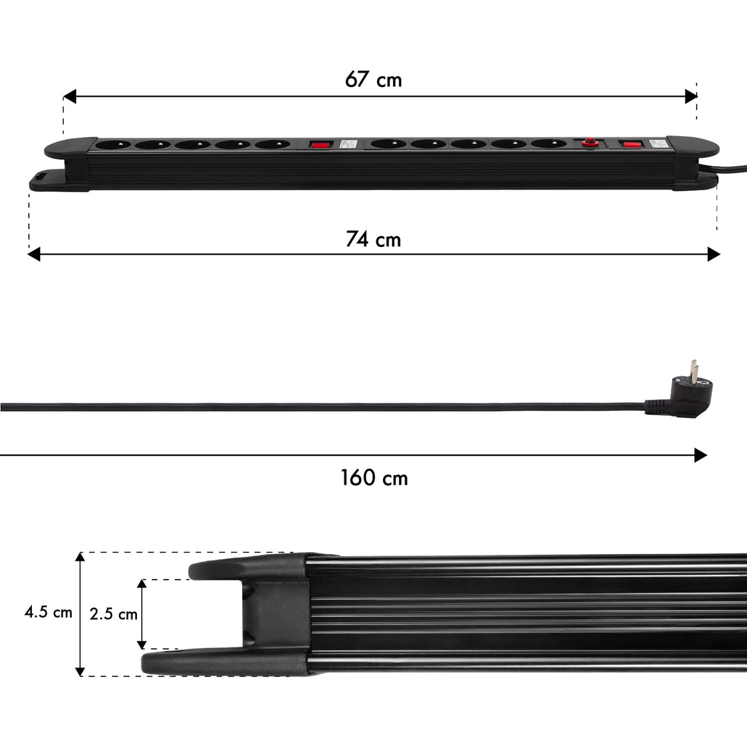 Napájecí lišta Maclean, prodlužovací kabel s 10 zásuvkami, 2 spínači, ochranou proti přetížení a signalizací přetížení, 3680 W, MCE10