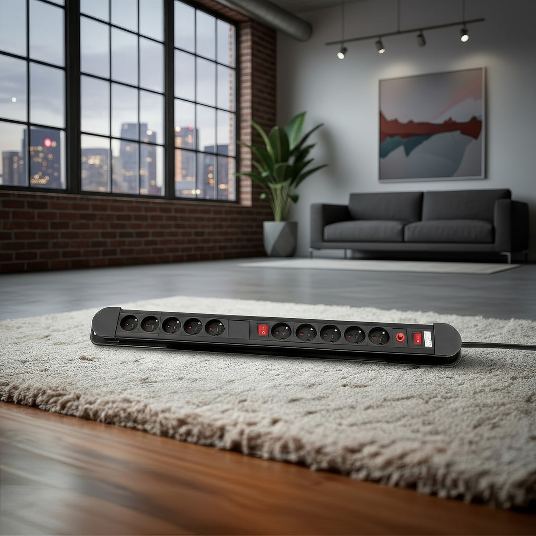 Napájecí lišta Maclean, prodlužovací kabel s 10 zásuvkami, 2 spínači, ochranou proti přetížení a signalizací přetížení, 3680 W, MCE10