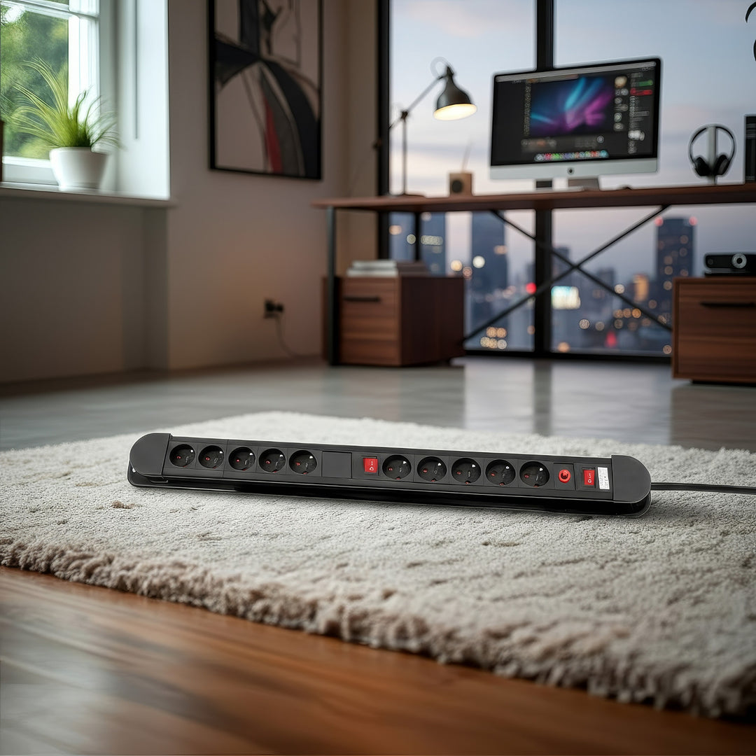 Napájecí lišta Maclean, prodlužovací kabel s 10 zásuvkami, 2 spínači, ochranou proti přetížení a signalizací přetížení, 3680 W, MCE10