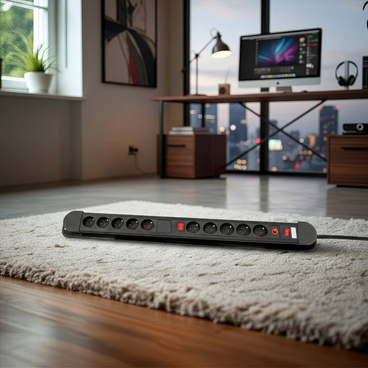 Napájecí lišta Maclean, prodlužovací kabel s 10 zásuvkami, 2 spínači, ochranou proti přetížení a signalizací přetížení, 3680 W, MCE10