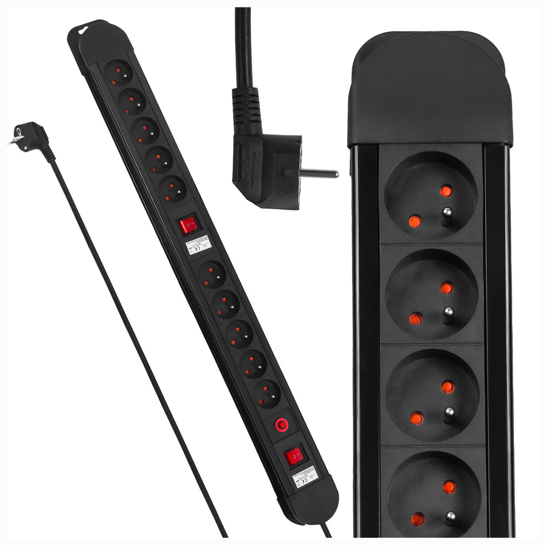 Napájecí lišta Maclean, prodlužovací kabel s 10 zásuvkami, 2 spínači, ochranou proti přetížení a signalizací přetížení, 3680 W, MCE10