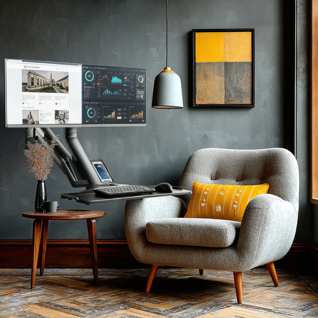 Nástěnný držák pro dva monitory 17"~ 27" a klávesnici Maclean plynová pružina MC-633 pro práci vsedě i vestoje