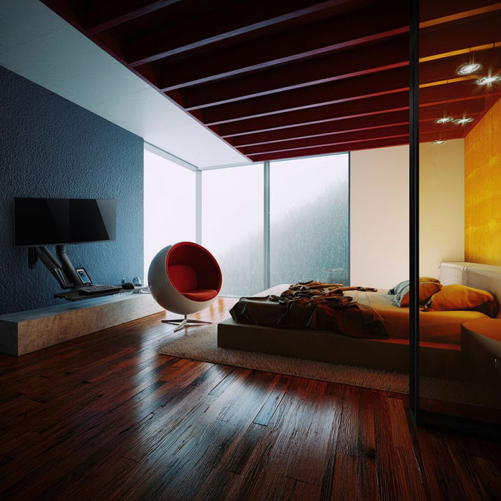 Nástěnný držák pro dva monitory 17"~ 27" a klávesnici Maclean plynová pružina MC-633 pro práci vsedě i vestoje