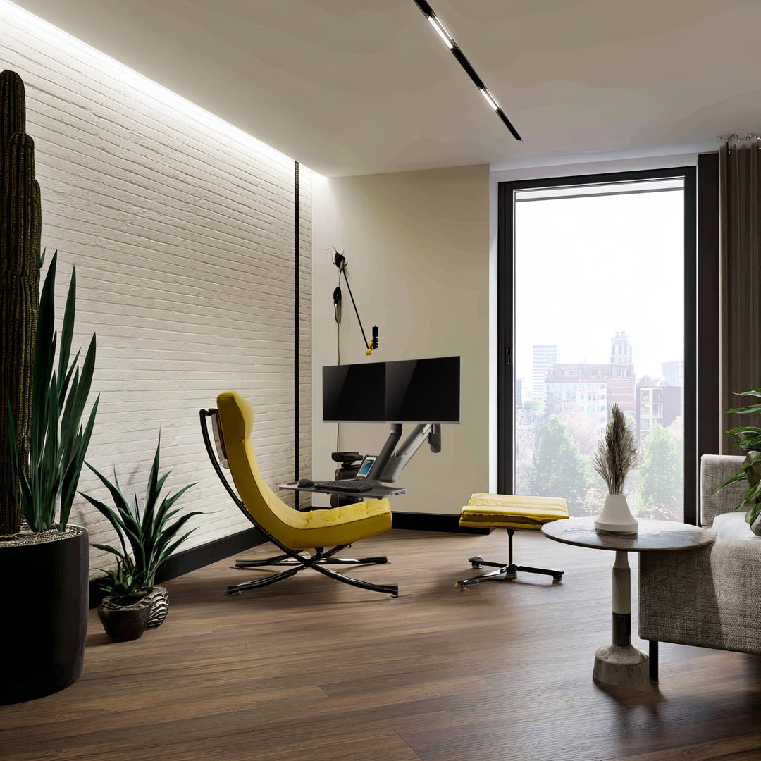 Nástěnný držák pro dva monitory 17"~ 27" a klávesnici Maclean plynová pružina MC-633 pro práci vsedě i vestoje