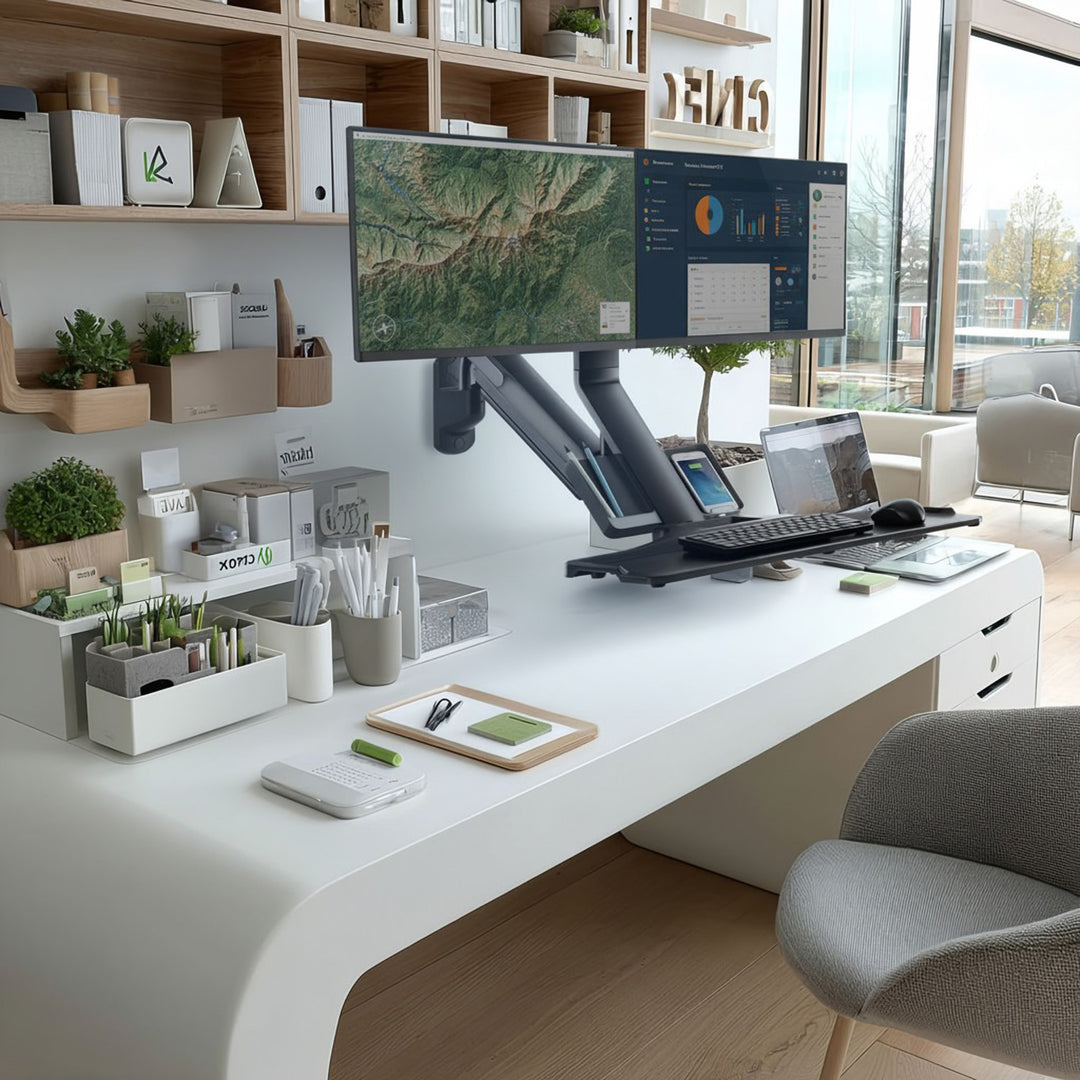 Nástěnný držák pro dva monitory 17"~ 27" a klávesnici Maclean plynová pružina MC-633 pro práci vsedě i vestoje