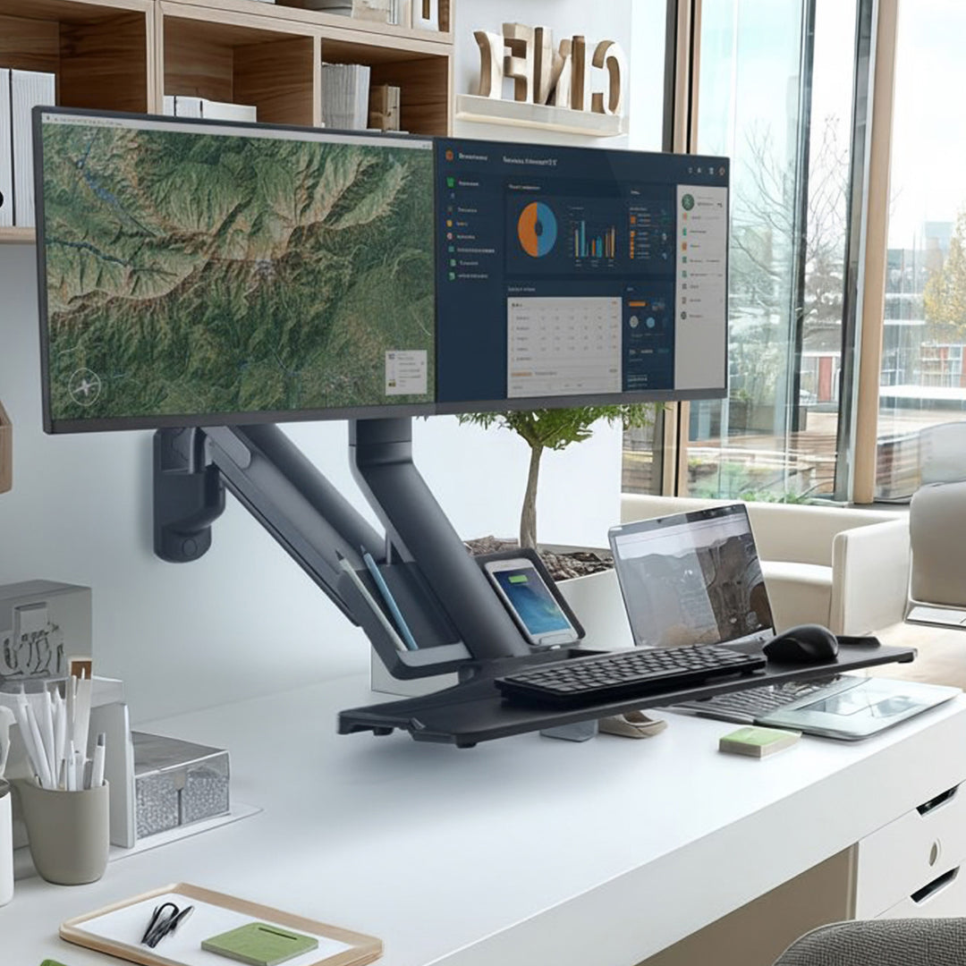 Nástěnný držák pro dva monitory 17"~ 27" a klávesnici Maclean plynová pružina MC-633 pro práci vsedě i vestoje