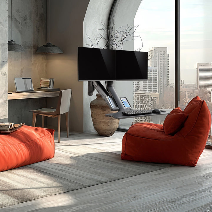 Nástěnný držák pro dva monitory 17"~ 27" a klávesnici Maclean plynová pružina MC-633 pro práci vsedě i vestoje