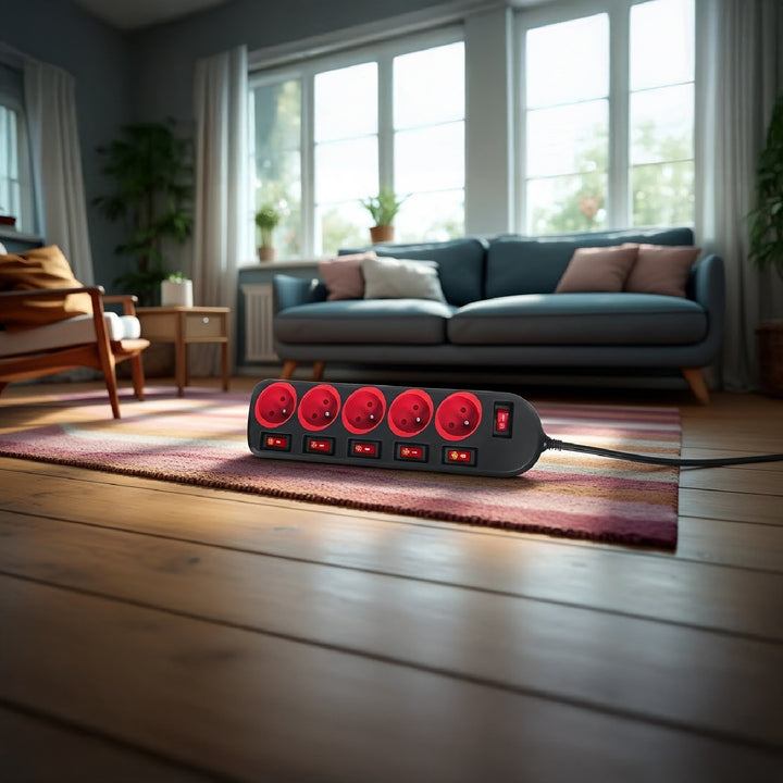 Napájecí lišta Maclean, prodlužovací kabel s 5 zásuvkami, s vypínači, 250VAC/10A, 1,5 m, MCE204