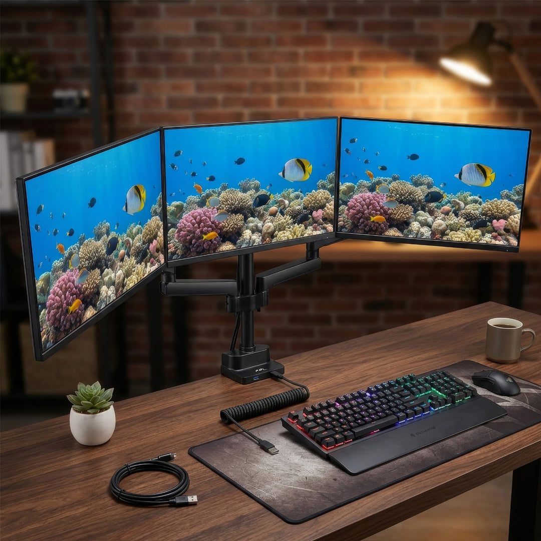 Držák na stůl pro 3 LCD LED monitory s 2x USB 3.0 Maclean MC-811 17-27 "3x7kg vesa 75x75 a 100x100