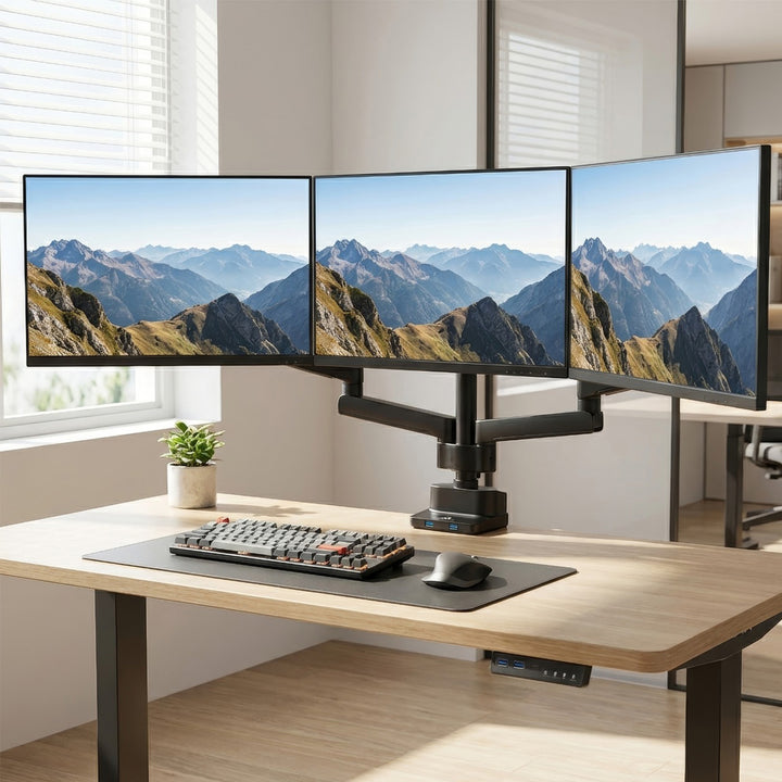 Držák na stůl pro 3 LCD LED monitory s 2x USB 3.0 Maclean MC-811 17-27 "3x7kg vesa 75x75 a 100x100