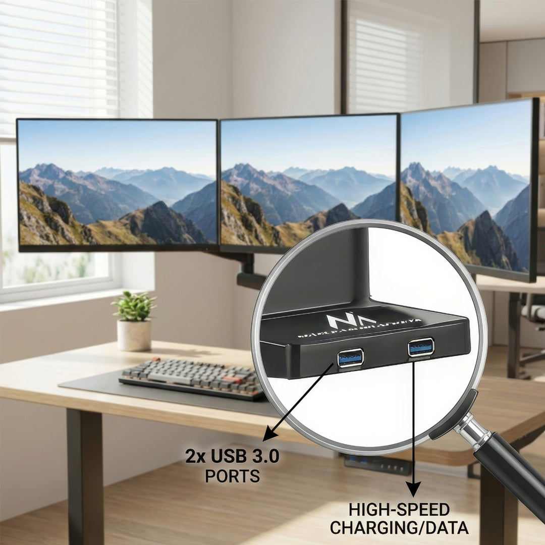 Držák na stůl pro 3 LCD LED monitory s 2x USB 3.0 Maclean MC-811 17-27 "3x7kg vesa 75x75 a 100x100