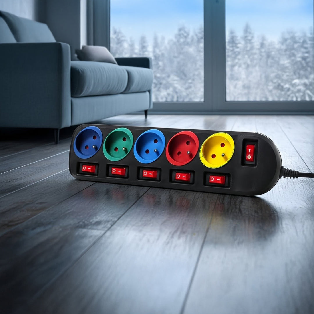 Prodlužovací kabel 5 zásuvek s vypínači Maclean Energy MCE204M 250VAC / 10A 1,5m, vícebarevný