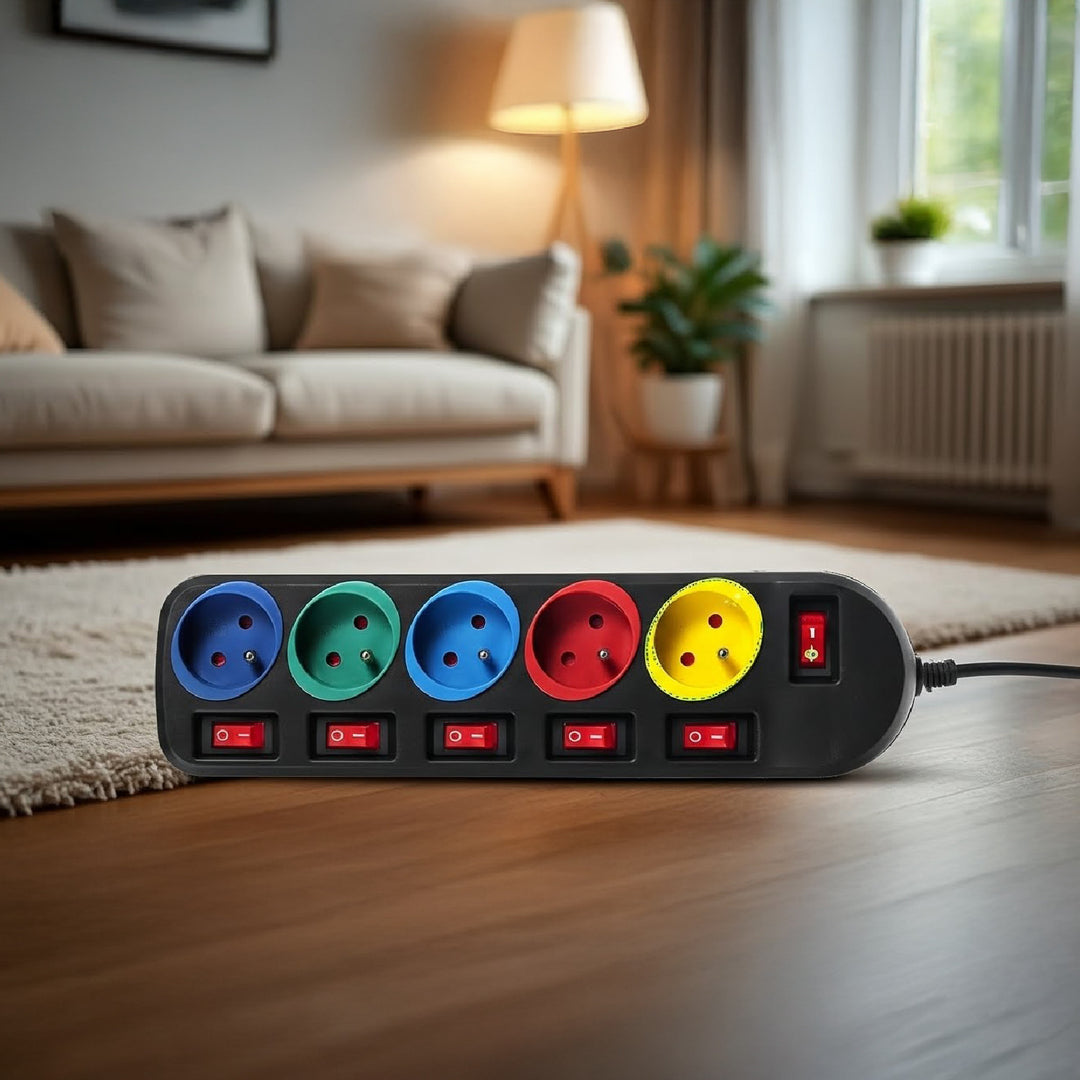 Prodlužovací kabel 5 zásuvek s vypínači Maclean Energy MCE204M 250VAC / 10A 1,5m, vícebarevný