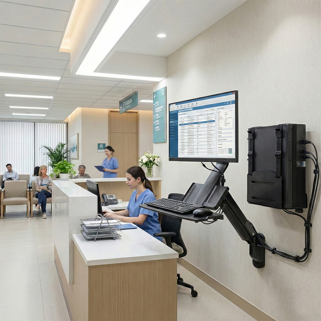 Držák na zeď pro monitor a klávesnici Maclean MC-838 s plynovou pružinou a držák počítače / CPU 17 "-32" 9 kg