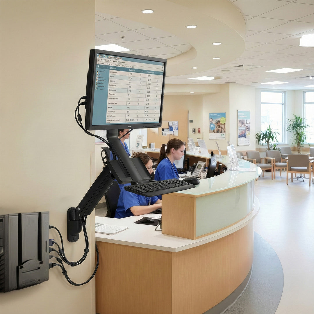 Držák na zeď pro monitor a klávesnici Maclean MC-838 s plynovou pružinou a držák počítače / CPU 17 "-32" 9 kg