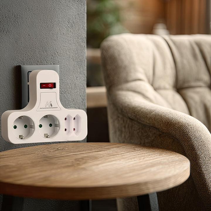 Maclean MCE224 G Zásuvka, čtyřnásobná s vypínačem, stabilizační patice, typ Schuko, 2x2,5A, 2x16A, MCE224