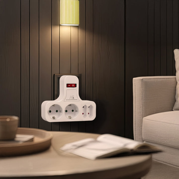 Maclean MCE224 G Zásuvka, čtyřnásobná s vypínačem, stabilizační patice, typ Schuko, 2x2,5A, 2x16A, MCE224