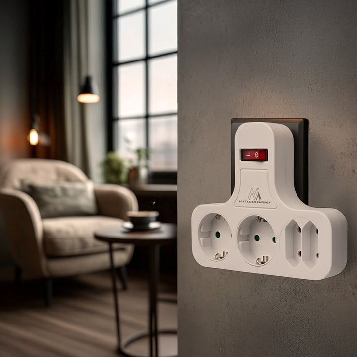 Maclean MCE224 G Zásuvka, čtyřnásobná s vypínačem, stabilizační patice, typ Schuko, 2x2,5A, 2x16A, MCE224