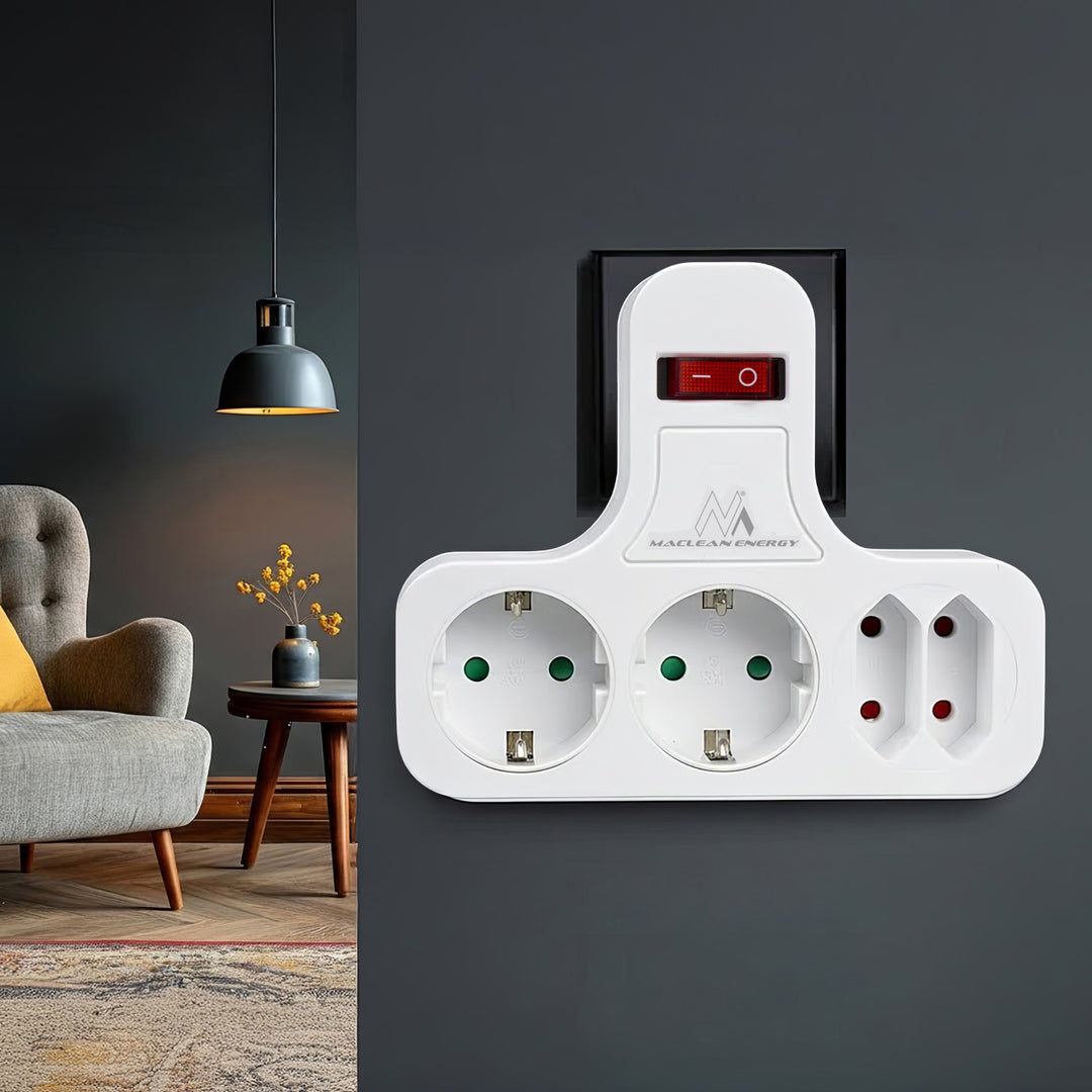 Maclean MCE224 G Zásuvka, čtyřnásobná s vypínačem, stabilizační patice, typ Schuko, 2x2,5A, 2x16A, MCE224