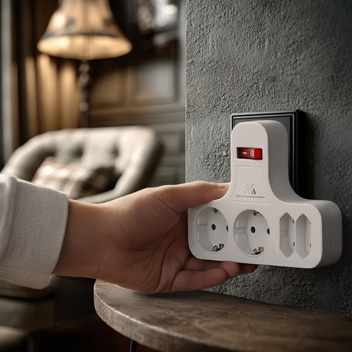 Maclean MCE224 G Zásuvka, čtyřnásobná s vypínačem, stabilizační patice, typ Schuko, 2x2,5A, 2x16A, MCE224