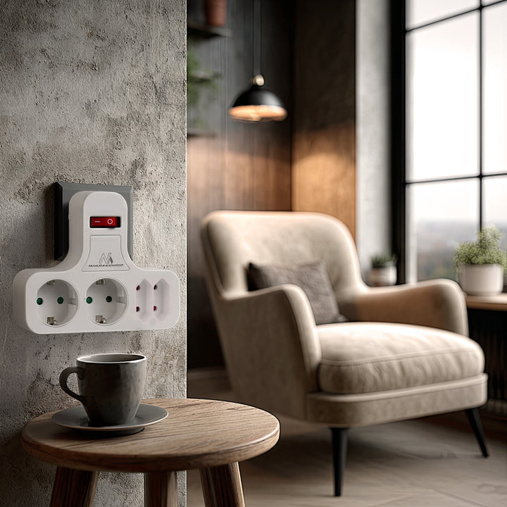 Maclean MCE224 G Zásuvka, čtyřnásobná s vypínačem, stabilizační patice, typ Schuko, 2x2,5A, 2x16A, MCE224