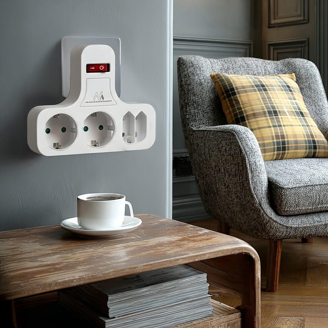 Maclean MCE224 G Zásuvka, čtyřnásobná s vypínačem, stabilizační patice, typ Schuko, 2x2,5A, 2x16A, MCE224