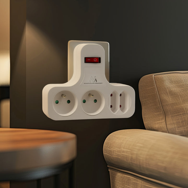 Maclean MCE224 E Zásuvka, čtyřnásobná s vypínačem, stabilizační nožička, typ E, 2x2,5A, 2x16A