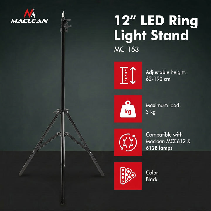 Stativ pro 12" prstencovou lampu Maclean MC-163 LED, maximální výška 190 cm, maximální zatížení 3 kg