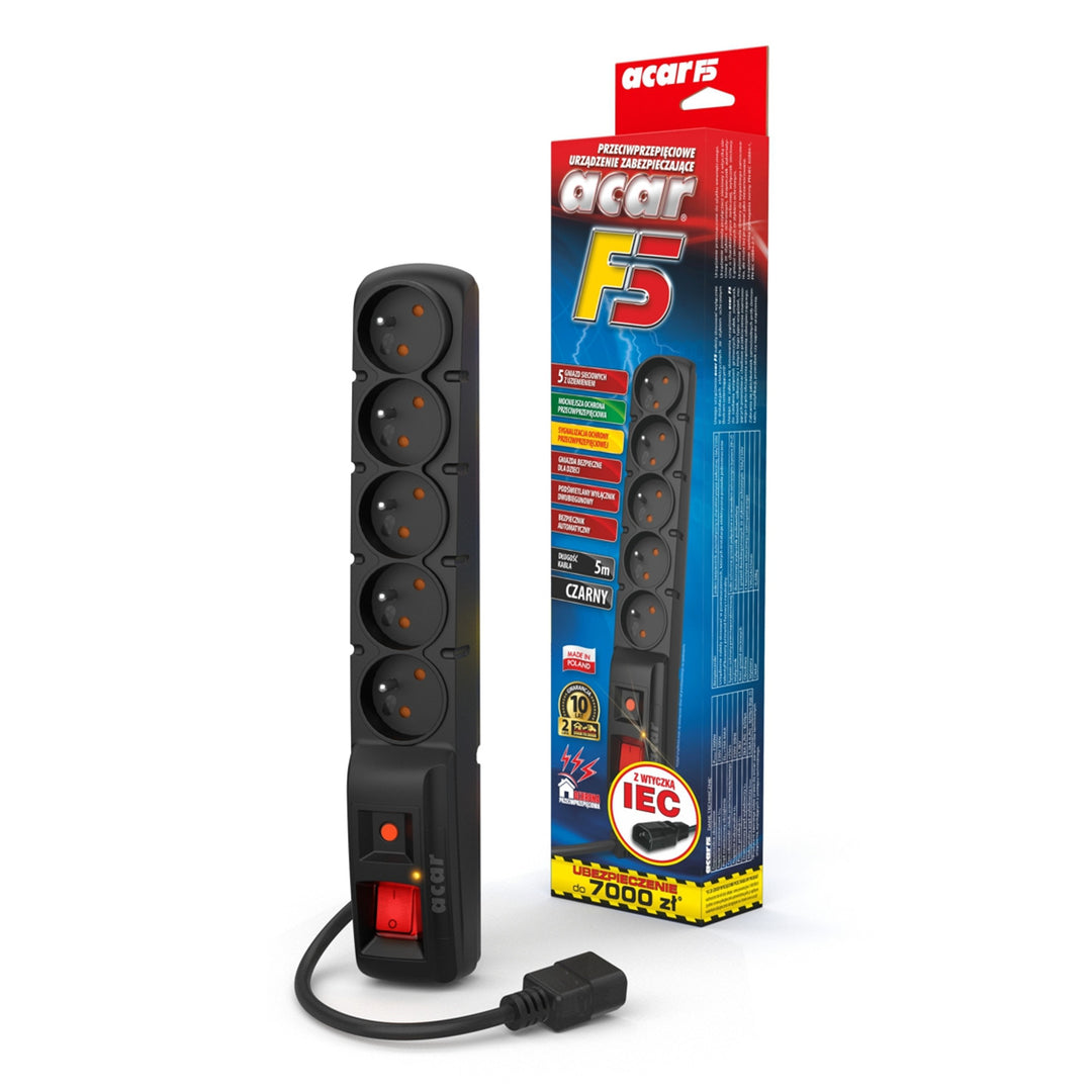 Přepěťová ochrana Acar, zástrčka IEC, černá, 2300W, 5m, F5 IEC