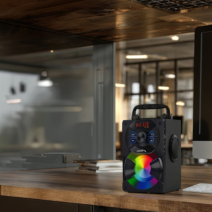 Přenosný Bluetooth reproduktor Audiocore AC730 / rádio / SD / MMC / aux-in / USB / osvětlení / teleskopická anténa / připojení mikrofonu