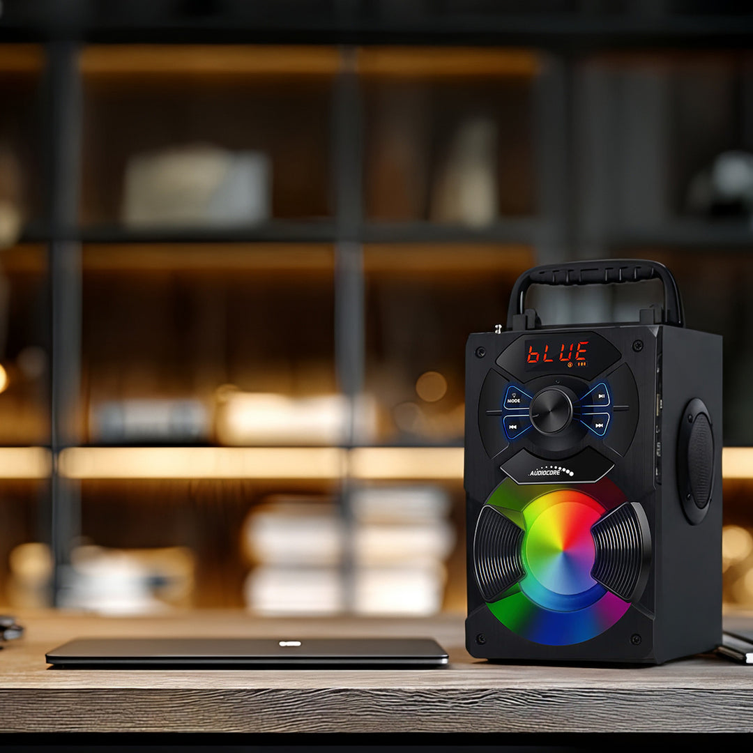 Přenosný Bluetooth reproduktor Audiocore AC730 / rádio / SD / MMC / aux-in / USB / osvětlení / teleskopická anténa / připojení mikrofonu