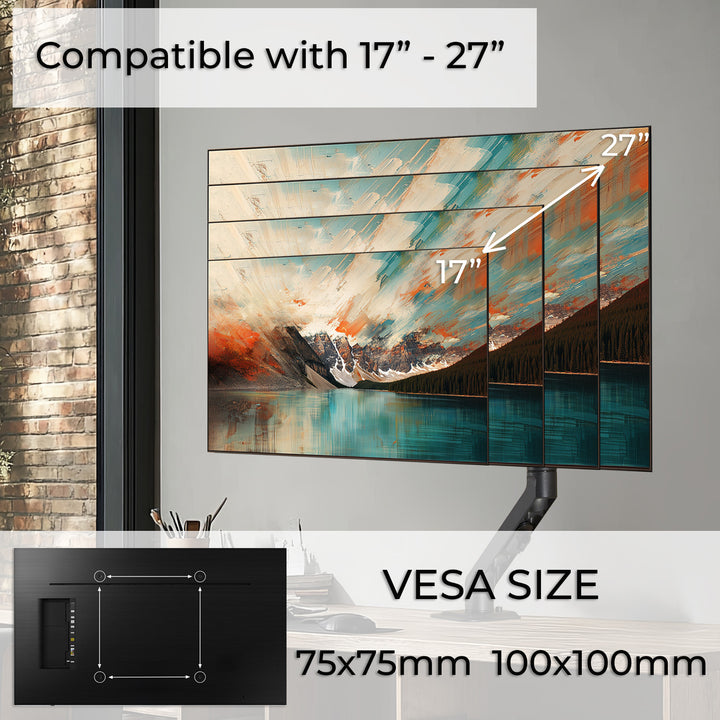 Maclean MC-906 1-komorový držák monitoru s plynovou pružinou 17-27'' stolní držák rameno monitoru otočné naklápěcí otočné VESA 75x75 100x100 do 7 kg
