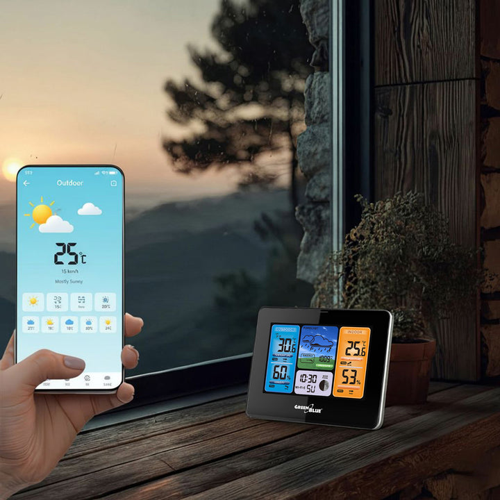 Meteorologická stanice Předpověď počasí WiFi Aplikace TUYA Displej 7 jazyků Displej fáze měsíce IPX4 Zelenomodrá