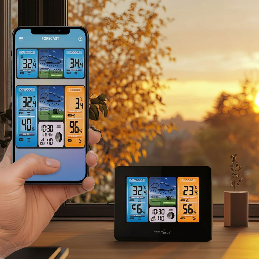 Meteorologická stanice Předpověď počasí WiFi Aplikace TUYA Displej 7 jazyků Displej fáze měsíce IPX4 Zelenomodrá