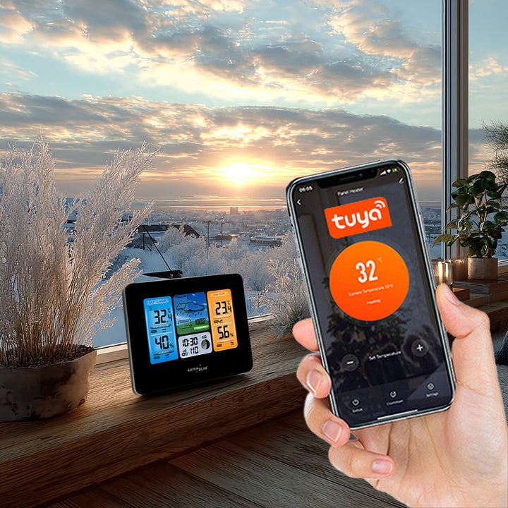 Meteorologická stanice Předpověď počasí WiFi Aplikace TUYA Displej 7 jazyků Displej fáze měsíce IPX4 Zelenomodrá