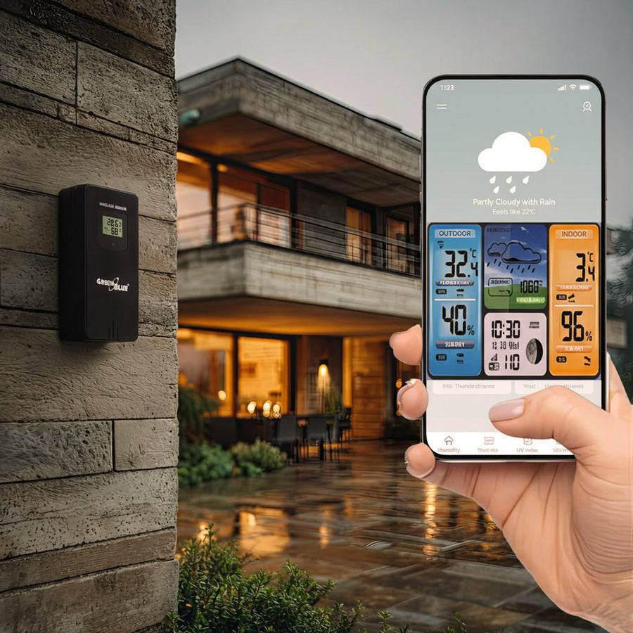 Meteorologická stanice Předpověď počasí WiFi Aplikace TUYA Displej 7 jazyků Displej fáze měsíce IPX4 Zelenomodrá