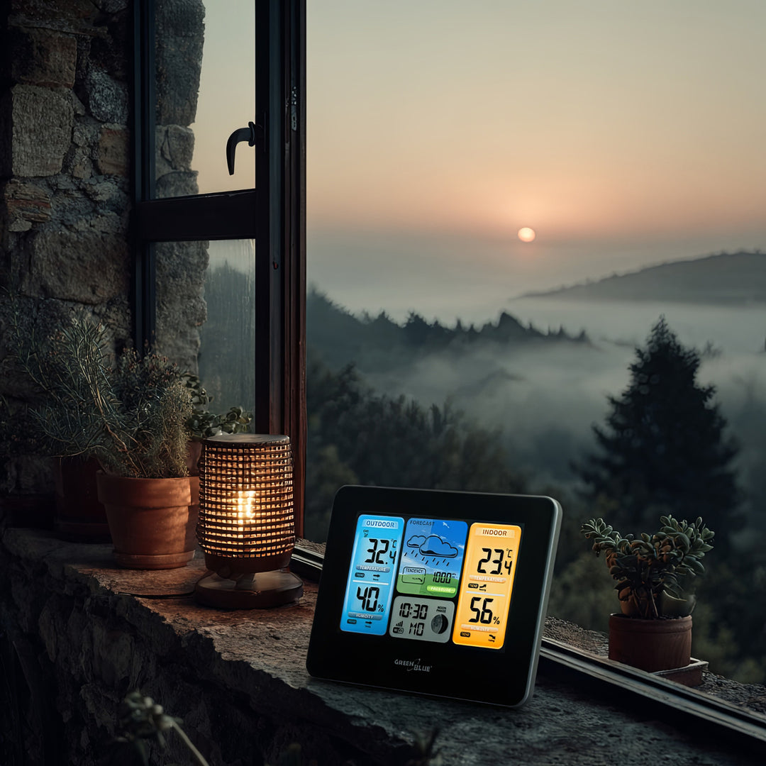 Meteorologická stanice Předpověď počasí WiFi Aplikace TUYA Displej 7 jazyků Displej fáze měsíce IPX4 Zelenomodrá