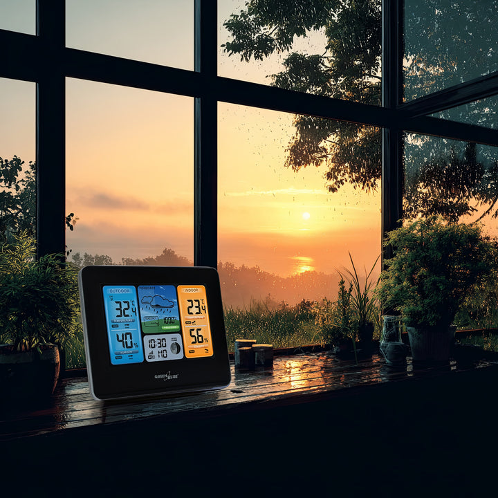 Meteorologická stanice Předpověď počasí WiFi Aplikace TUYA Displej 7 jazyků Displej fáze měsíce IPX4 Zelenomodrá