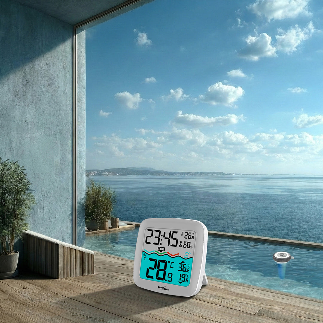 Meteostanice s bazénovým teploměrem GreenBlue, dosah 60 m, plovoucí čidlo, teplota, čas, kalendář, DCF, GB216