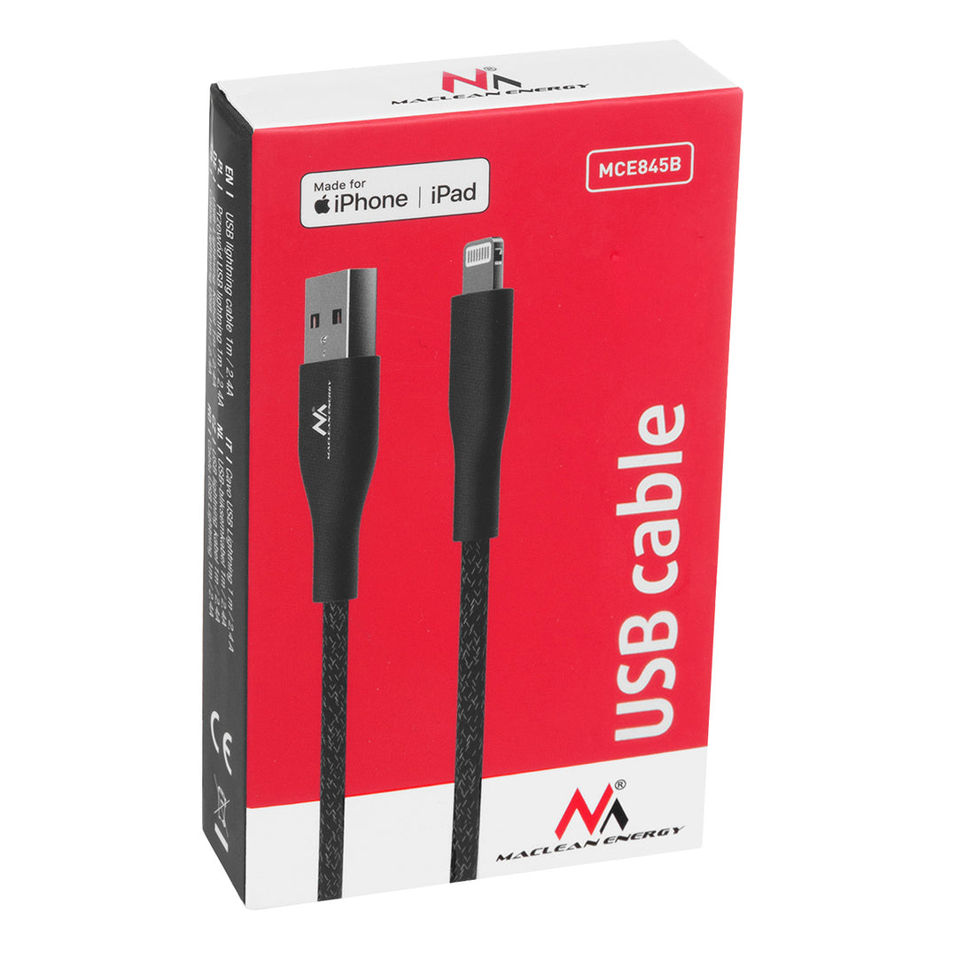 Kabel s osvětlením MFi (vyrobený pro iPhone / iPod / iPad) podporující rychlé nabíjení 2,4A Maclean Energy MCE845B černý délka 1m 5V/2,4A - přenos dat