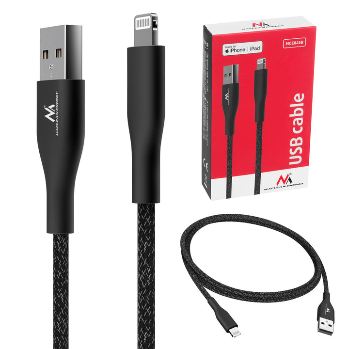 Kabel s osvětlením MFi (vyrobený pro iPhone / iPod / iPad) podporující rychlé nabíjení 2,4A Maclean Energy MCE845B černý délka 1m 5V/2,4A - přenos dat