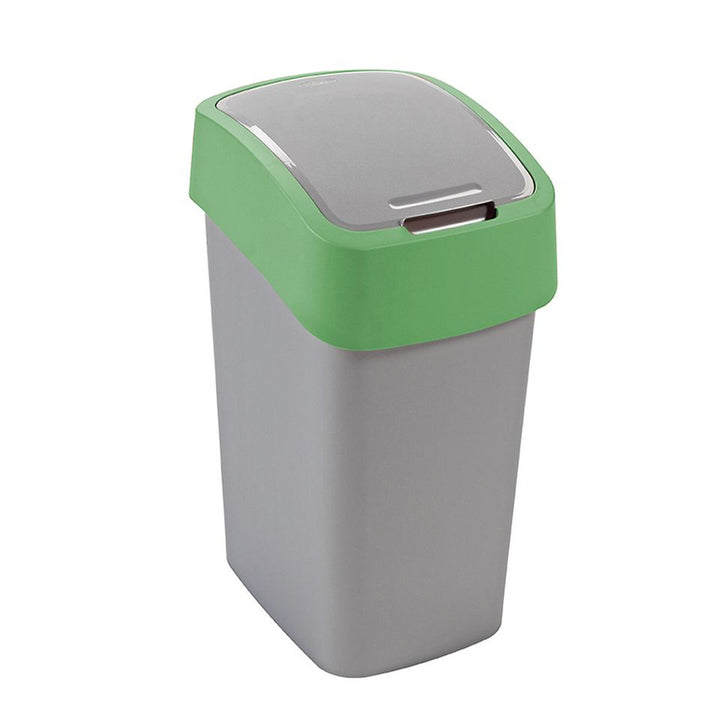 Odpadkový koš Cuver, třídění, s víkem, šedý, zelený rám, 25 l, Flip Bin