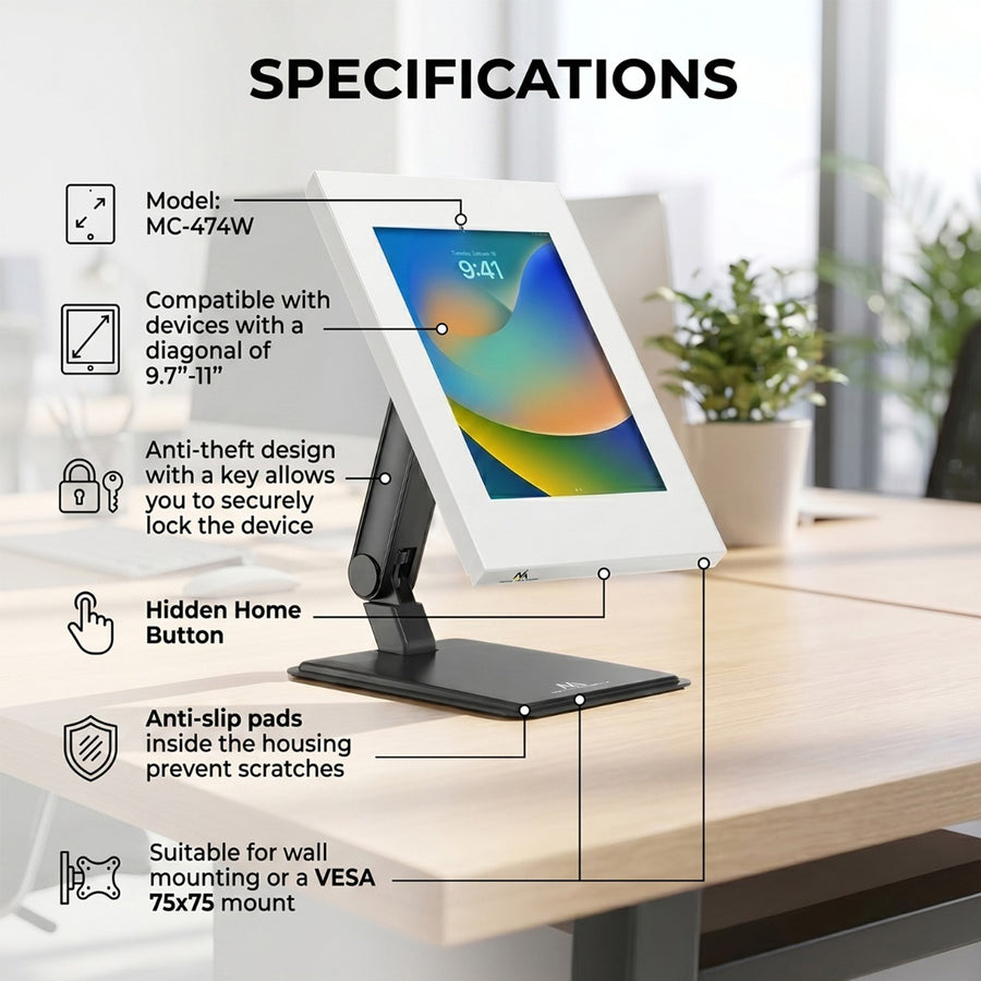 Maclean Držák pro reklamu na tablet, nástěnný držák se zámkem, 9,7"-11", iPad/iPad Air/iPad Pro, Samsung Galaxy Tab A/Tab A7/Tab S6 Lite, MC-474W