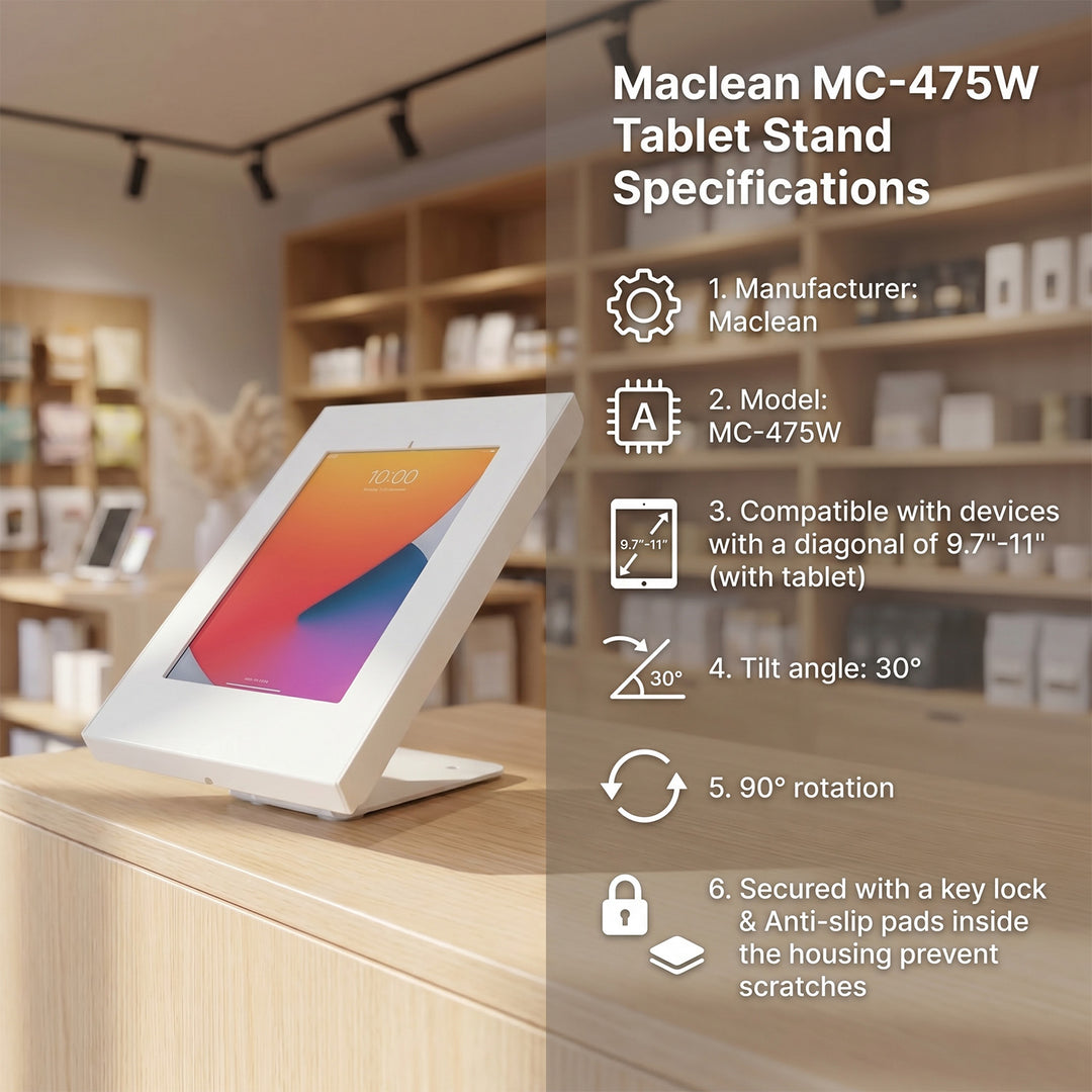 Maclean Reklamní držák na tablet, nástěnný/kancelářský držák se zámkem, 9,7"-11", iPad/iPad Air/iPad Pro, Samsung Galaxy Tab A/Tab A7/Tab S6 Lite, MC-475W