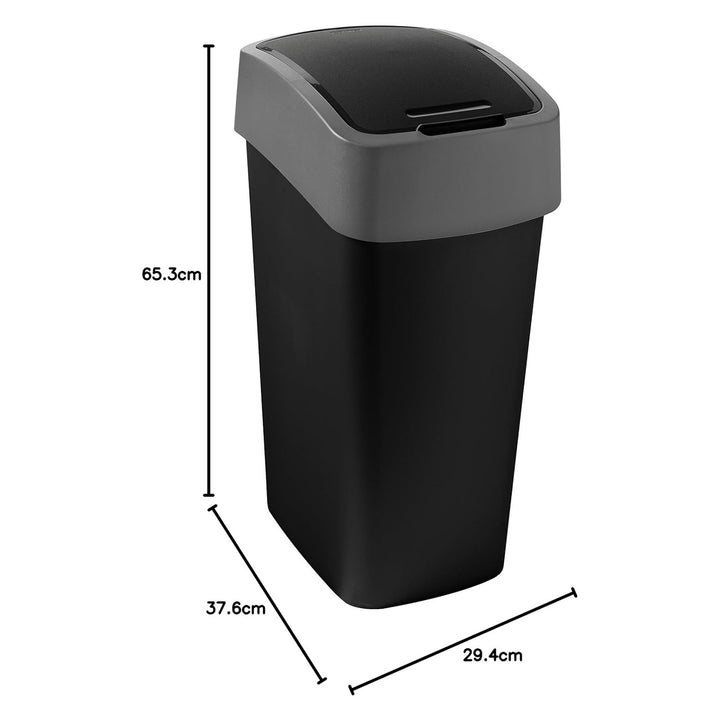 Odpadkový koš Cuver, třídění, s víkem, černý, stříbrný rám, 50 l, Flip Bin