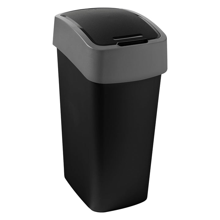 Odpadkový koš Cuver, třídění, s víkem, černý, stříbrný rám, 50 l, Flip Bin