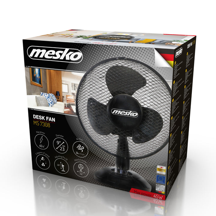 Stolní ventilátor 23cm 45W Mesko MS 7308, oscilace, dvě rychlosti ventilátoru