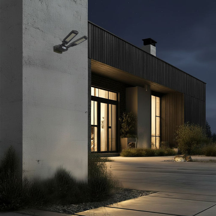 Solární pouliční lampa se senzorem pohybu a soumraku IP54 5W 2x 450 lumenů 6500K dva světelné zdroje dálkové ovládání solární lampy venkovní nástěnné světlo venkovní osvětlení 3 režimy osvětlení